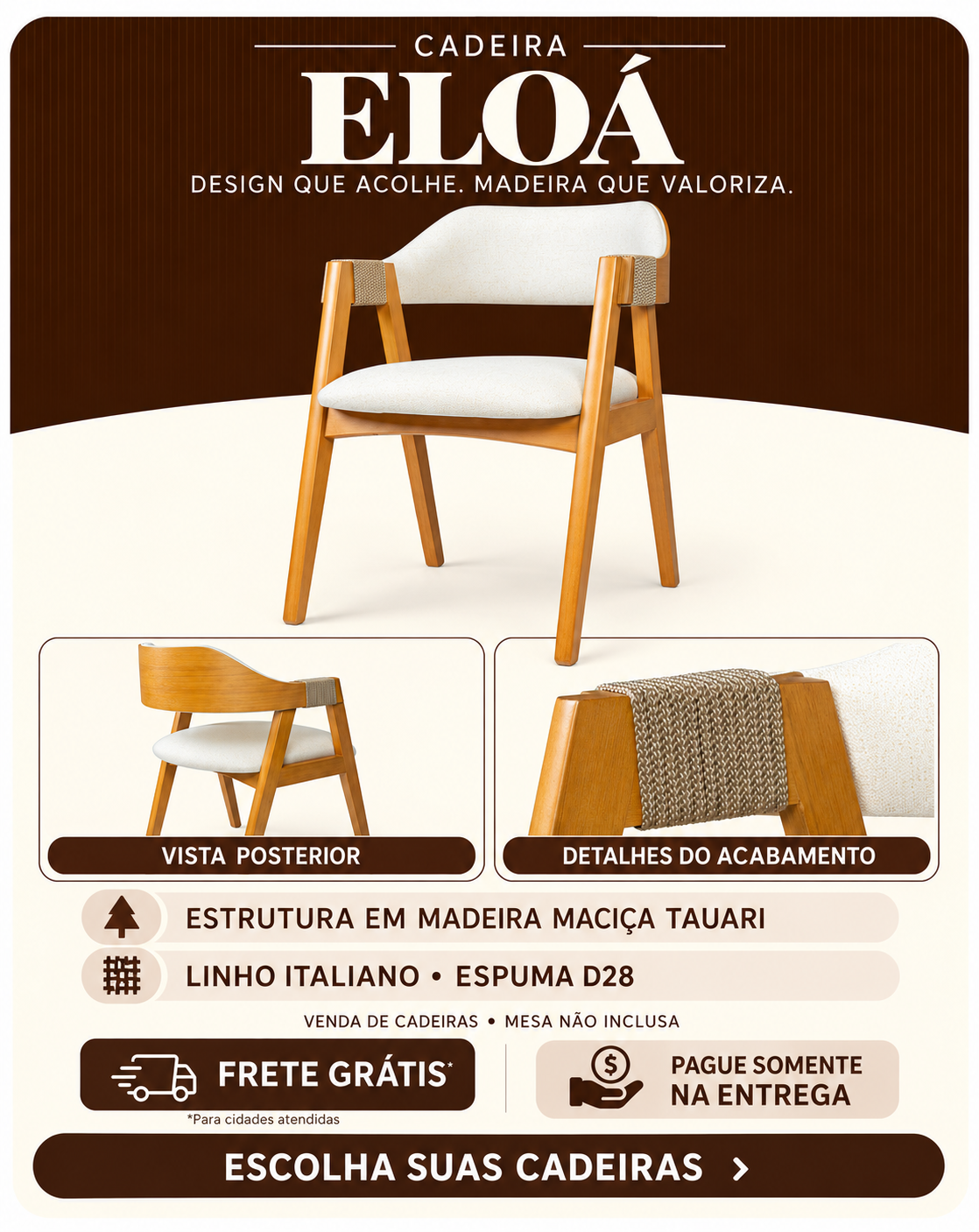 Cadeira Eloá: vista do produto com estrutura de madeira e estofado claro